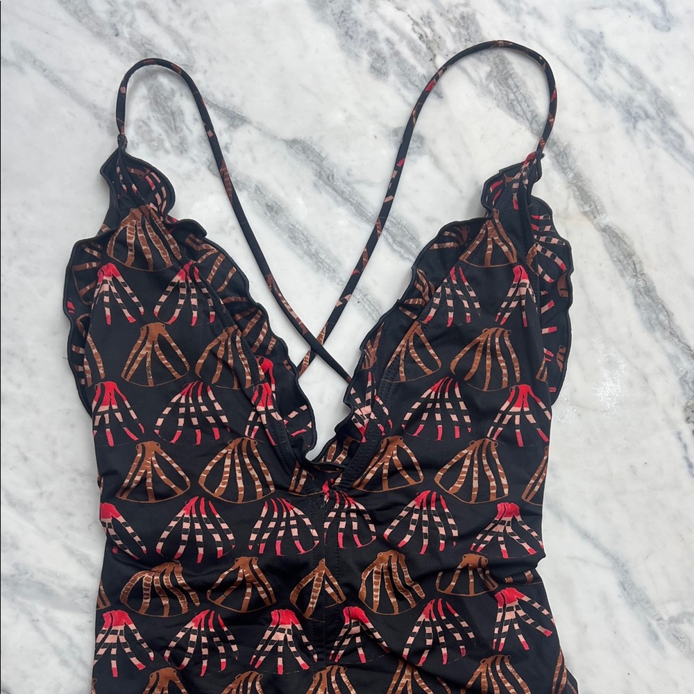 ULLA JOHNSON
Giordana ruffled ruched printed swimsuit